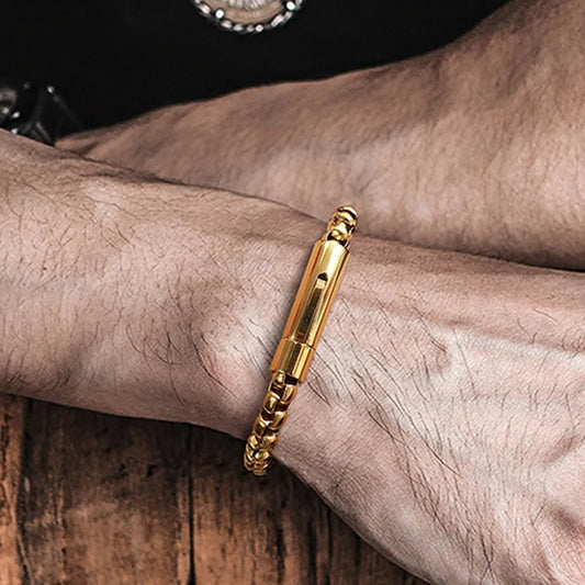 Men Bracelet,Round Box Chain Bracelet,Stainless Steel Rounded Boxs Link Simple Layering Stacking Jewelry,