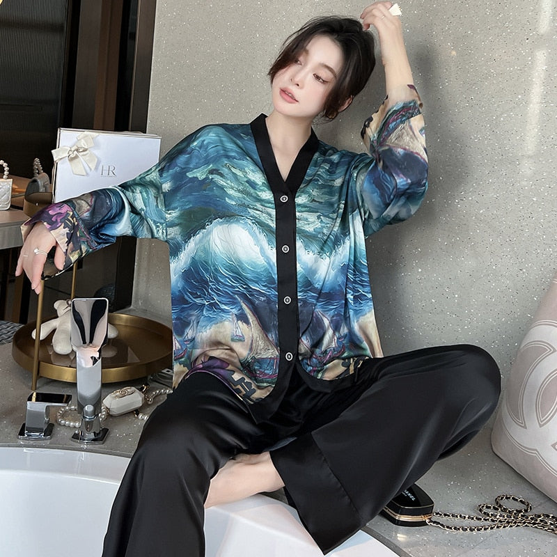 Lisacmvpnel 2022 New Spring Pajamas Women's Ice Silk Long Sleeve Suit Court Style Ice Silk Large Home Clothes