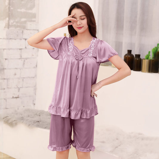 Women Home Clothing Big Nightshirt Shorts Summer Satin Silk Trousers Suit Women Middle-aged Lace Large 5XL Pajamas Bedroom Set
