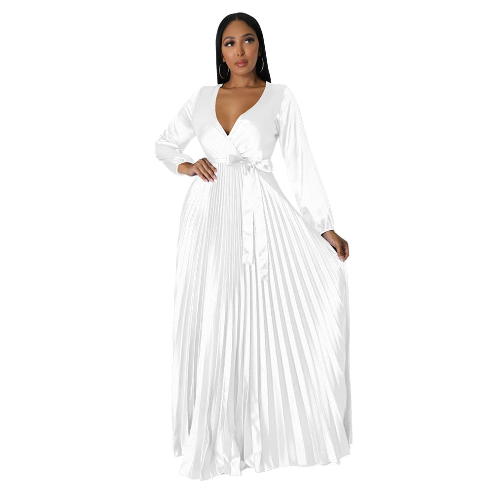 CM.YAYA Vintage Women Wrap V-neck Sashes Waist Pleated Maxi Dress Autumn Winter INS Big Swing Sexy Night Party Club Long Dresses