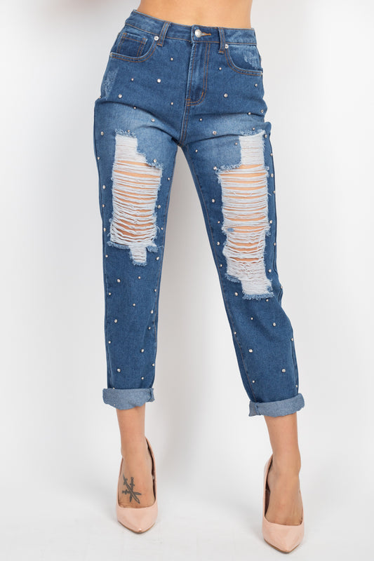 Rhinestones Ripped-front Denim Jeans - https://www.luxenorstore.com