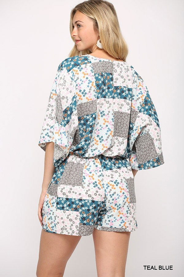 Patchwork Printed Surplice Romper With Waist Tassel Tie And Bottom Lining - https://www.luxenorstore.com