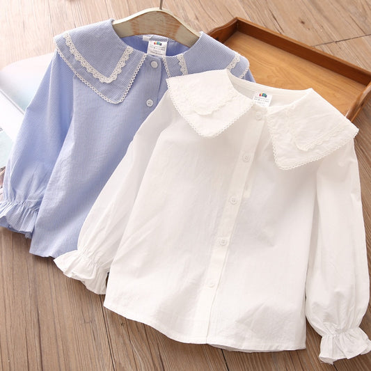 Children Clothing 2022 New Spring Autumn 2 3 4 6 8 10Years Child Turn-Down Neck Tops Kids Baby Girls Long Sleeve Blouse Shirt