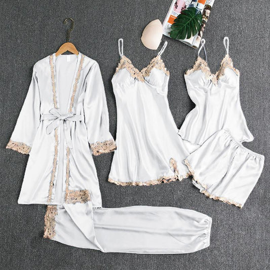 Sleepwear Female 5PCS Pajamas Set Satin Pyjamamas Lace Patchwork Bridal Wedding Nightwear Rayon Home Wear Nighty&Robe Suit