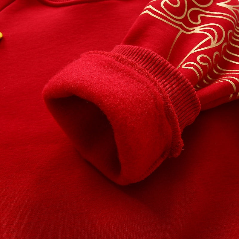 2022 Winter 2 3-12 Years Embroidery Red Ethnic Thickening Traditional Chinese New Year Style Sweatshirt For Kids Baby Boys Girls