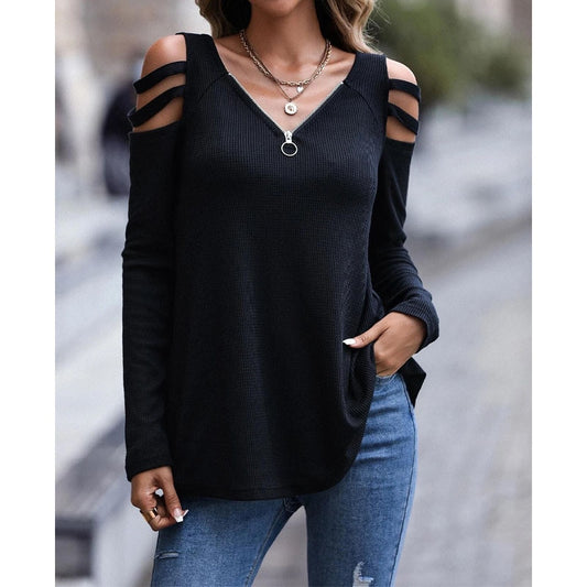 Fashion Casual Women's Zipper Off Shoulder Solid Color T-shirt Hollow Out Spliced Long Sleeve Tops Autumn Winter Female Clothing