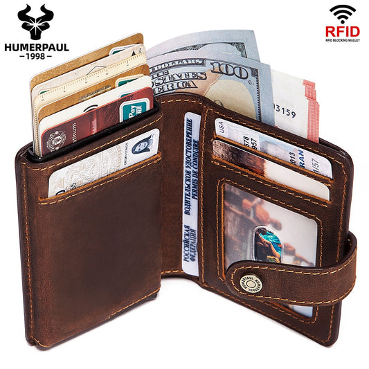 HUMERPAUL Crazy Horse Leather Mens Wallet with RFID Blocking Card Holder Mini Metal Pop Up Wallets Zipper Coin Pocket for Male