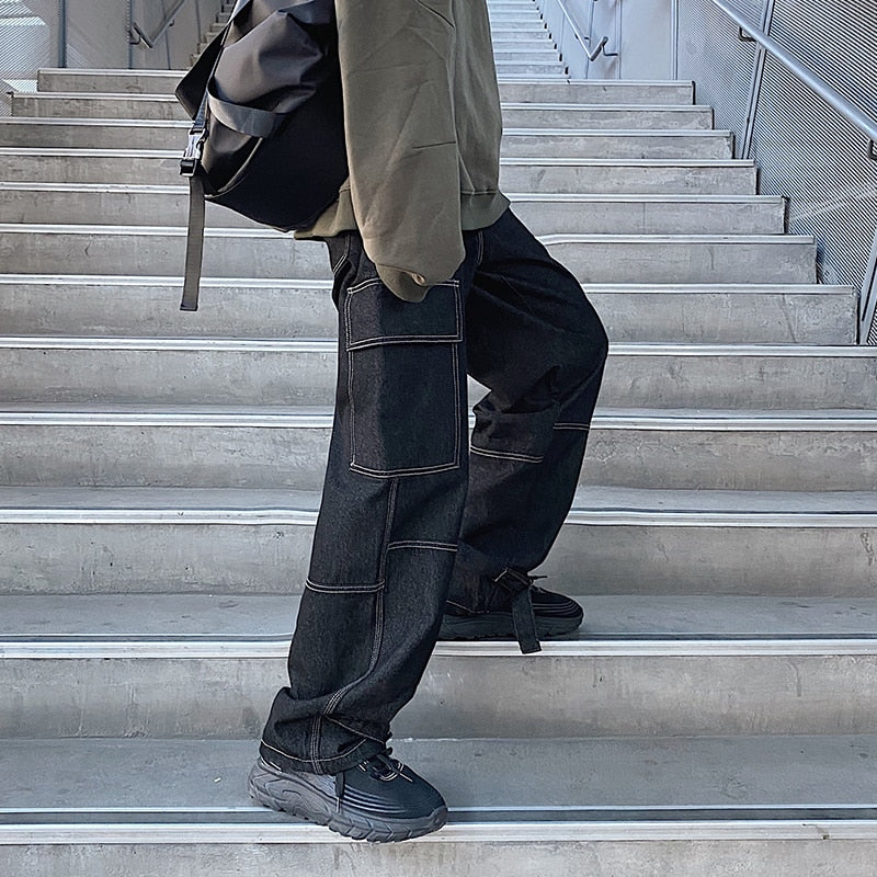 LINHUA Men Wide Leg Jeans Mens Spring cargo pants Hip Hop Streetwear New Loose Straight Baggy Denim Pants Male work jeans