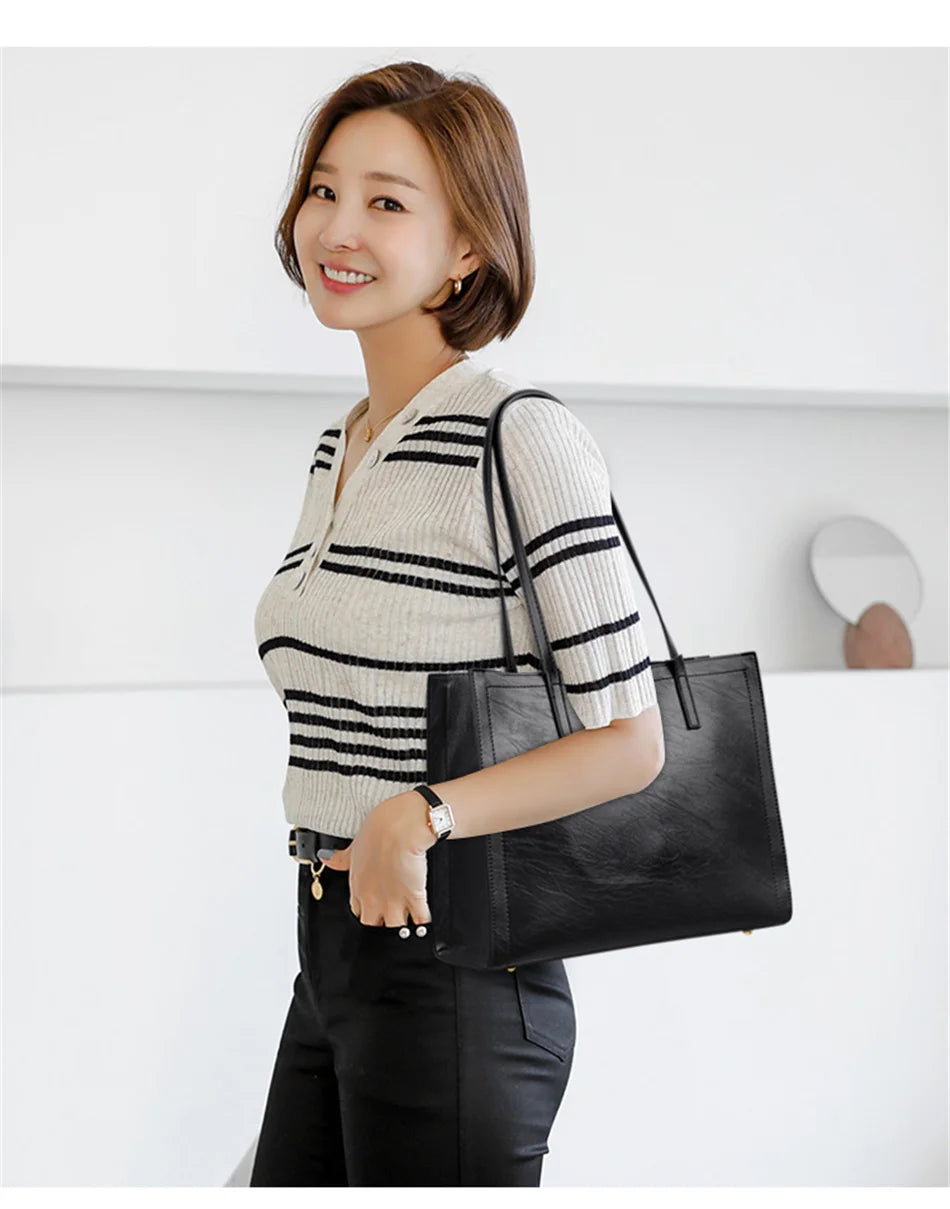 Vintage Large Capatity Tote Shoulder Bags Fashion Top-Handle Bags High Quality Pu Leather Bags Casual Letter Design Handbag
