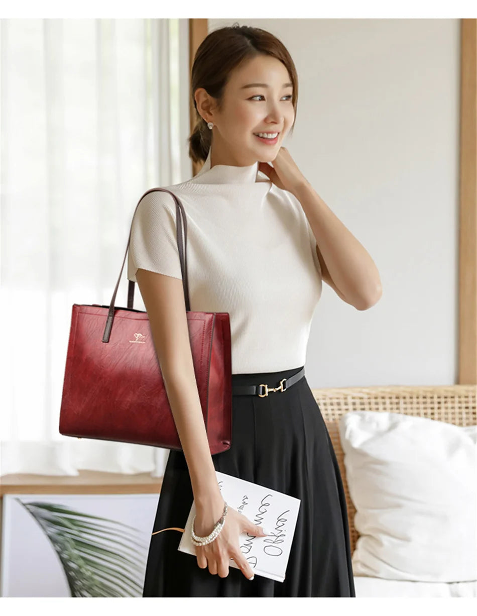 Vintage Large Capatity Tote Shoulder Bags Fashion Top-Handle Bags High Quality Pu Leather Bags Casual Letter Design Handbag