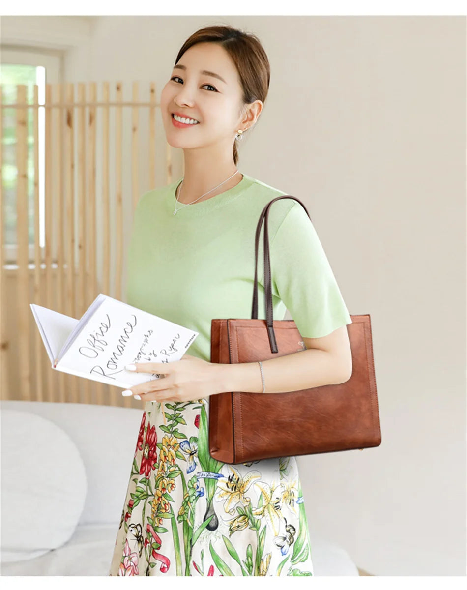 Vintage Large Capatity Tote Shoulder Bags Fashion Top-Handle Bags High Quality Pu Leather Bags Casual Letter Design Handbag