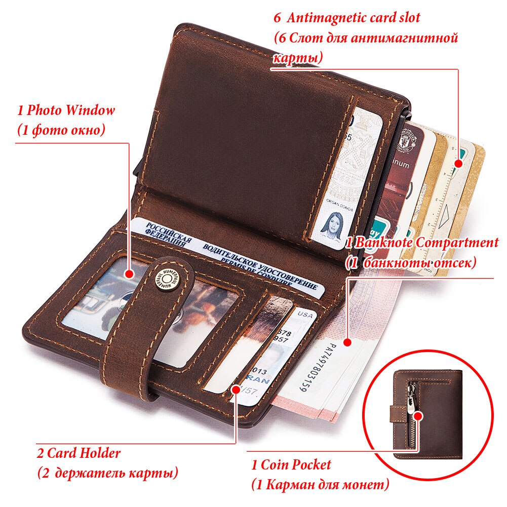 HUMERPAUL Crazy Horse Leather Mens Wallet with RFID Blocking Card Holder Mini Metal Pop Up Wallets Zipper Coin Pocket for Male
