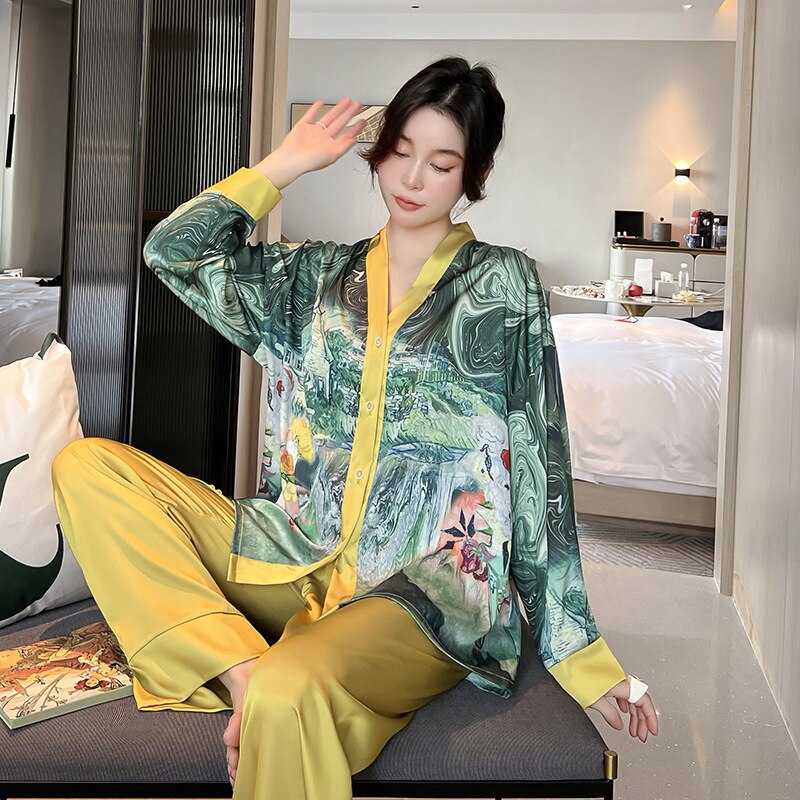 QSROCIO NEW Women's Pajamas Set Luxury Style Painting Print Sleepwear Satin Silky Touch Homewear V Neck Nightie Casual Home Suit