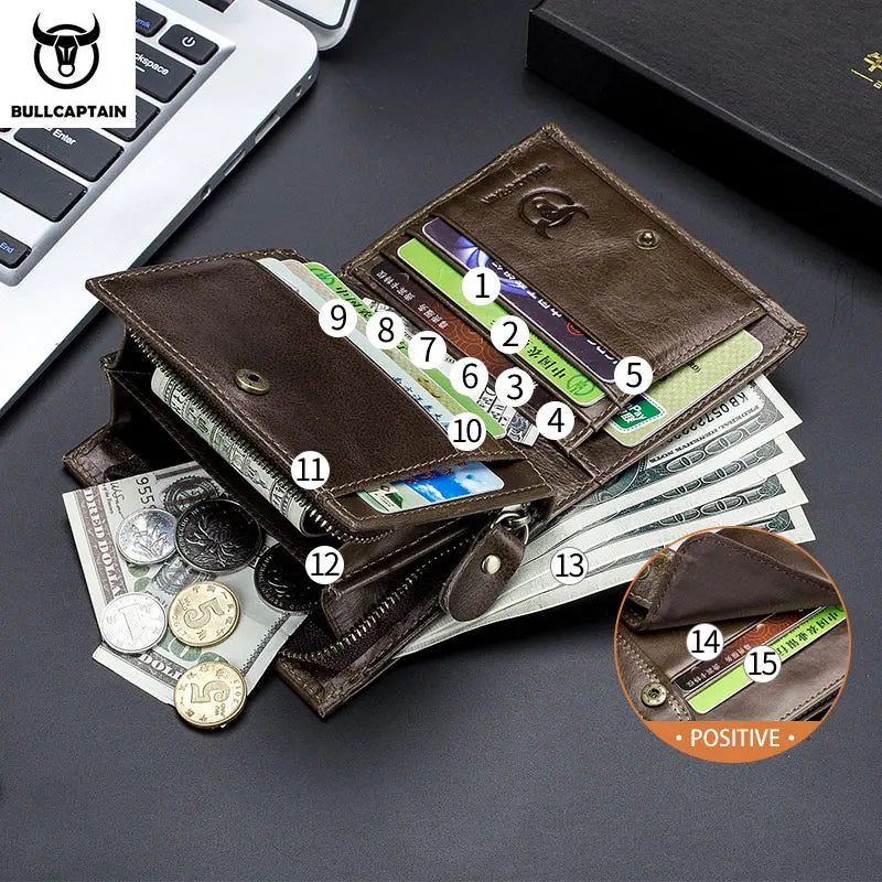 BULLCAPTAIN RFID Blocking Men's Wallet Man Vintage Cow Genuine Leather Wallet Male Handmade Billfold Coin Purse Short Wallet