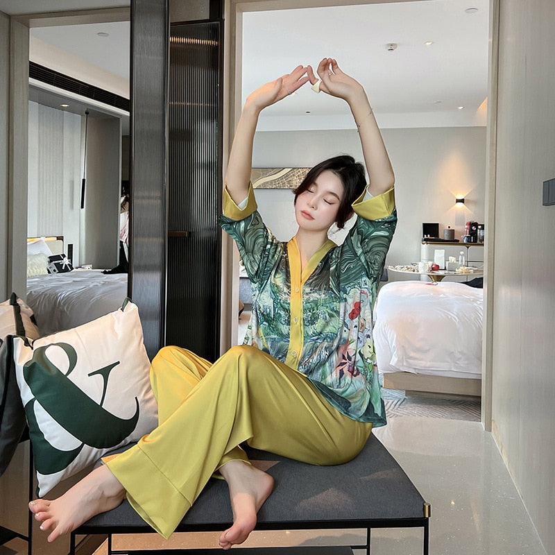 QSROCIO NEW Women's Pajamas Set Luxury Style Painting Print Sleepwear Satin Silky Touch Homewear V Neck Nightie Casual Home Suit