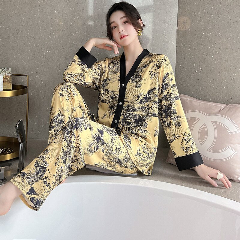 Lisacmvpnel 2022 New Spring Pajamas Women's Ice Silk Long Sleeve Suit Court Style Ice Silk Large Home Clothes
