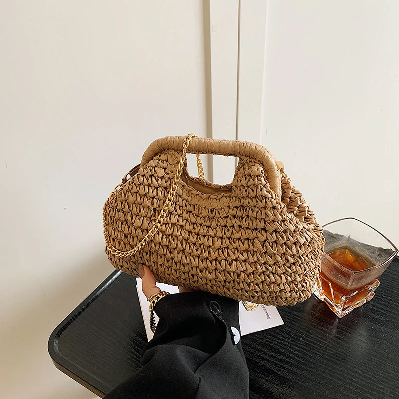 Retro Woven Clutch Bags for Women 2025 Straw Shell Chain Handbag Messenger Bag Ladies Holiday Beach Eco-friendly Crossbody Bag