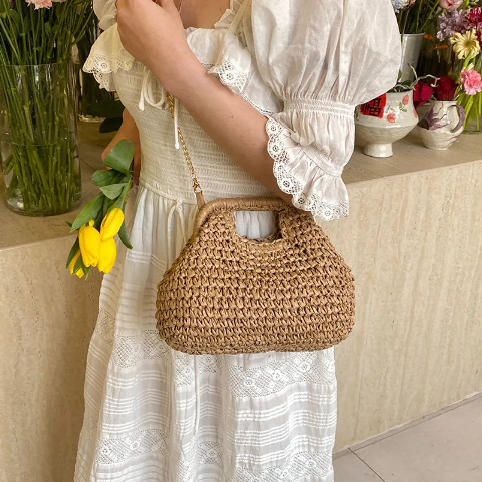 Retro Woven Clutch Bags for Women 2025 Straw Shell Chain Handbag Messenger Bag Ladies Holiday Beach Eco-friendly Crossbody Bag