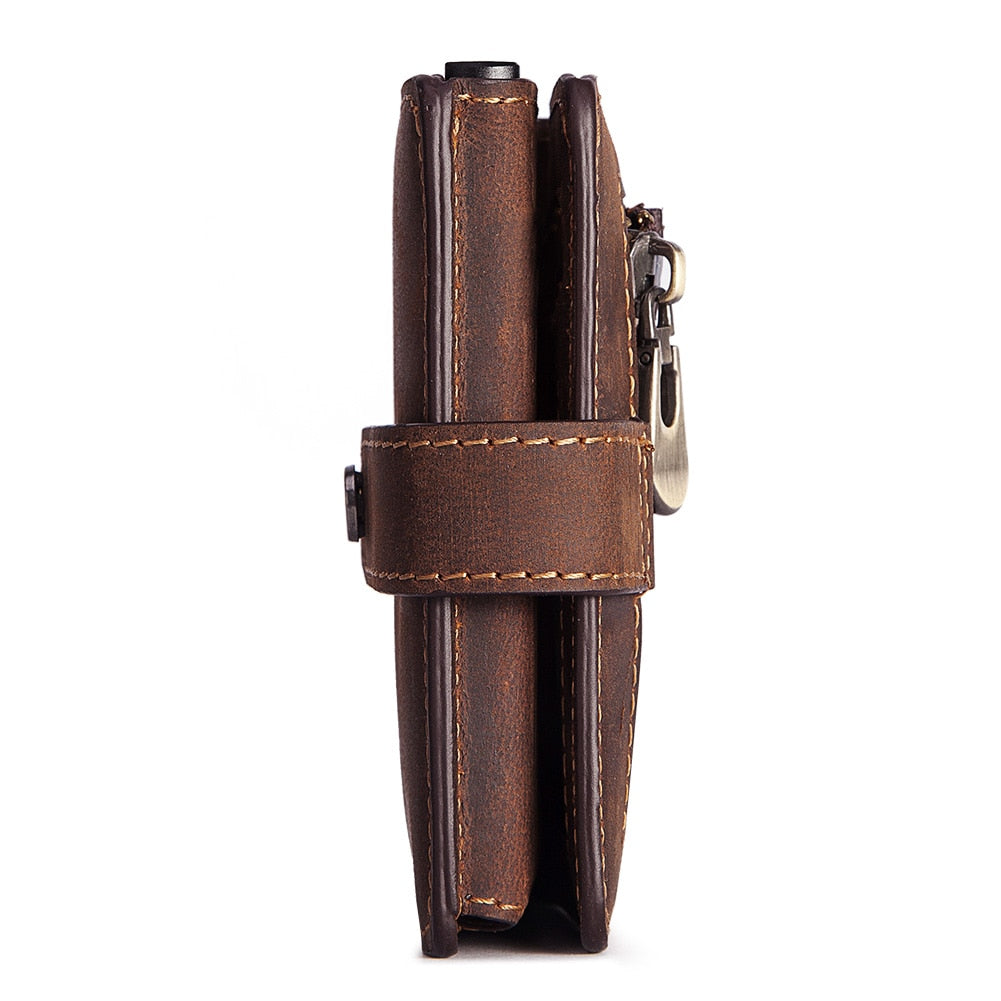 HUMERPAUL Crazy Horse Leather Mens Wallet with RFID Blocking Card Holder Mini Metal Pop Up Wallets Zipper Coin Pocket for Male