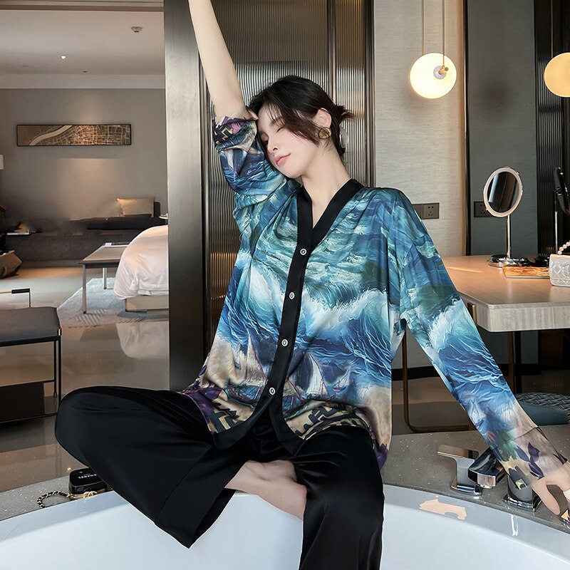 QSROCIO NEW Women's Pajamas Set Luxury Style Painting Print Sleepwear Satin Silky Touch Homewear V Neck Nightie Casual Home Suit