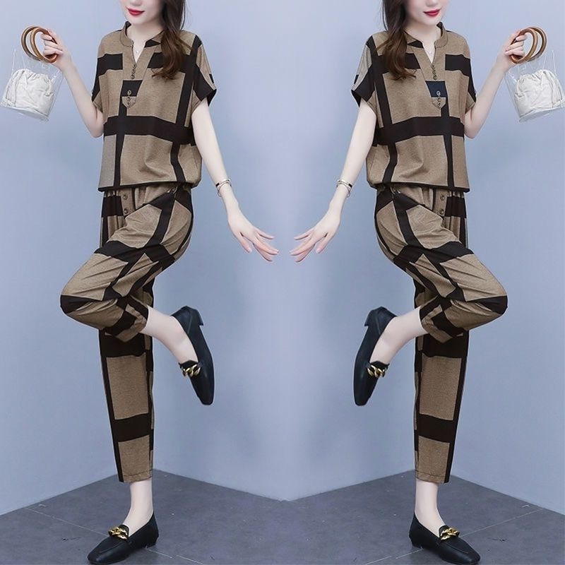 Women's Casual Suit 2023 Spring Summer New Fashion Loose Korean Plus Size Clothing Short Sleeve Tops Harun Pants 2 Two Piece Set