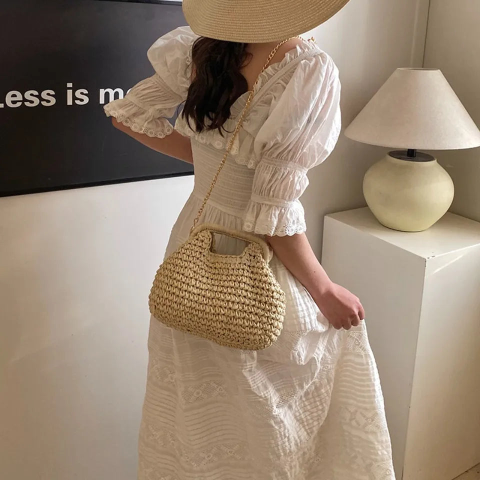 Retro Woven Clutch Bags for Women 2025 Straw Shell Chain Handbag Messenger Bag Ladies Holiday Beach Eco-friendly Crossbody Bag