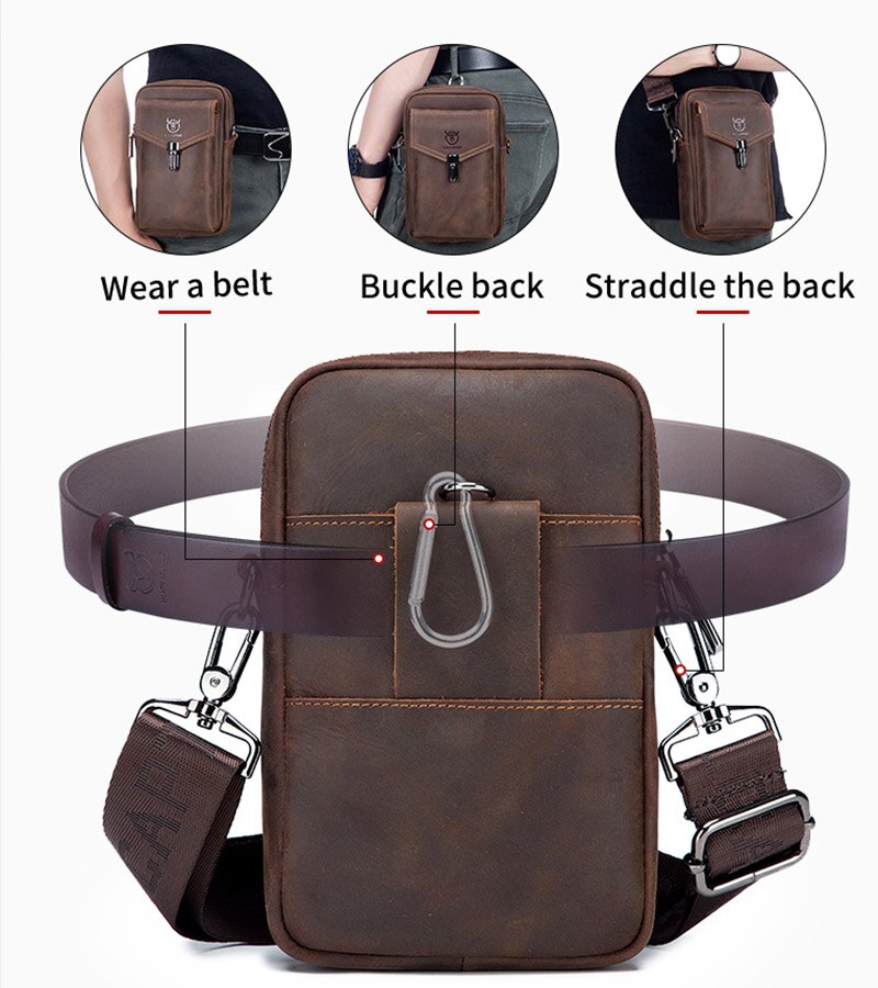 BULLCAPTAIN Crazy Horse Leather Men's Waist Bags Multifunctional 7-inch Mobile Phone Bag Bag Male Shoulder Messenger Bages Brown