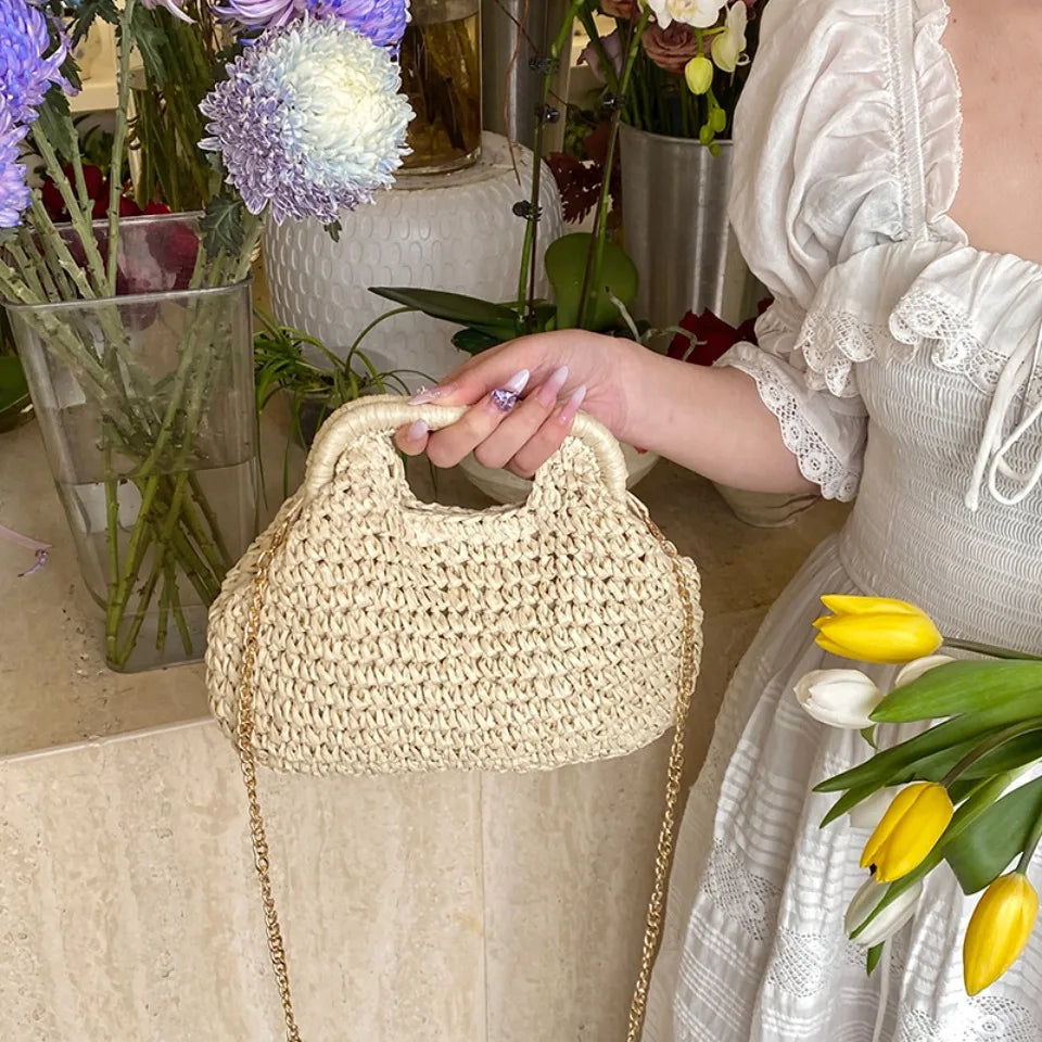 Retro Woven Clutch Bags for Women 2025 Straw Shell Chain Handbag Messenger Bag Ladies Holiday Beach Eco-friendly Crossbody Bag