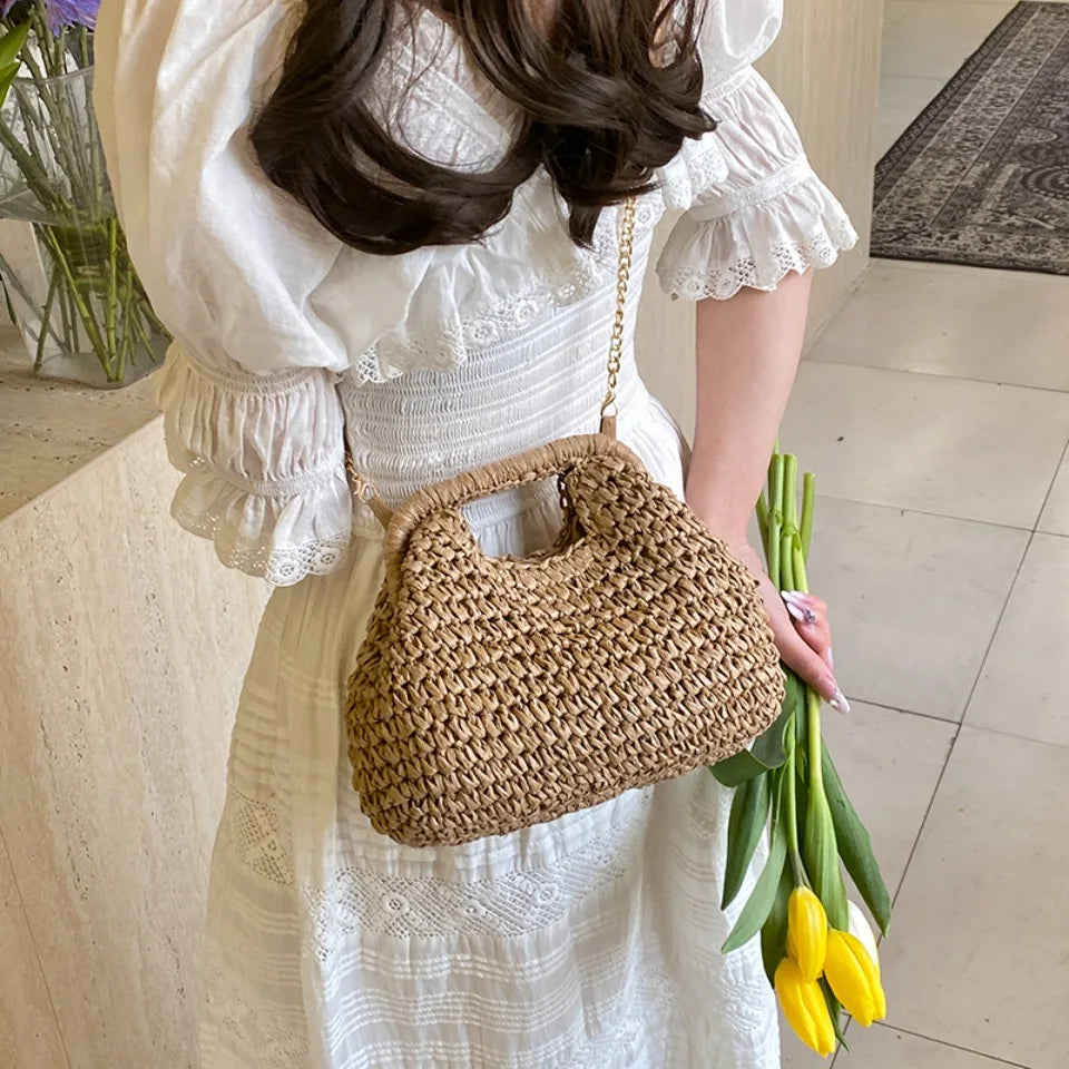 Retro Woven Clutch Bags for Women 2025 Straw Shell Chain Handbag Messenger Bag Ladies Holiday Beach Eco-friendly Crossbody Bag