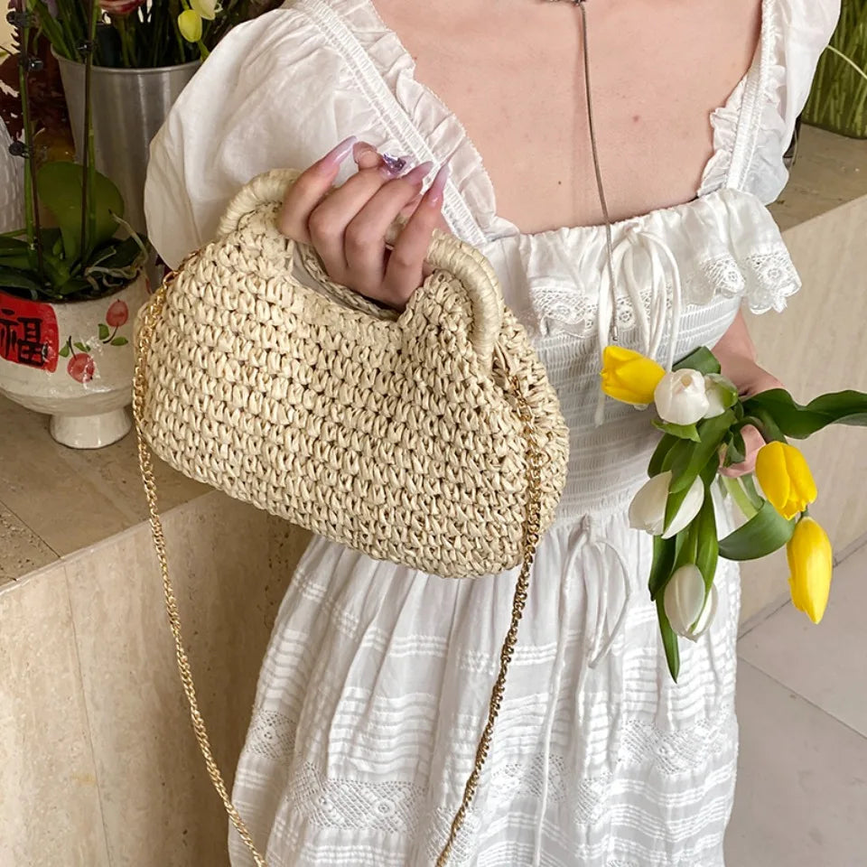 Retro Woven Clutch Bags for Women 2025 Straw Shell Chain Handbag Messenger Bag Ladies Holiday Beach Eco-friendly Crossbody Bag