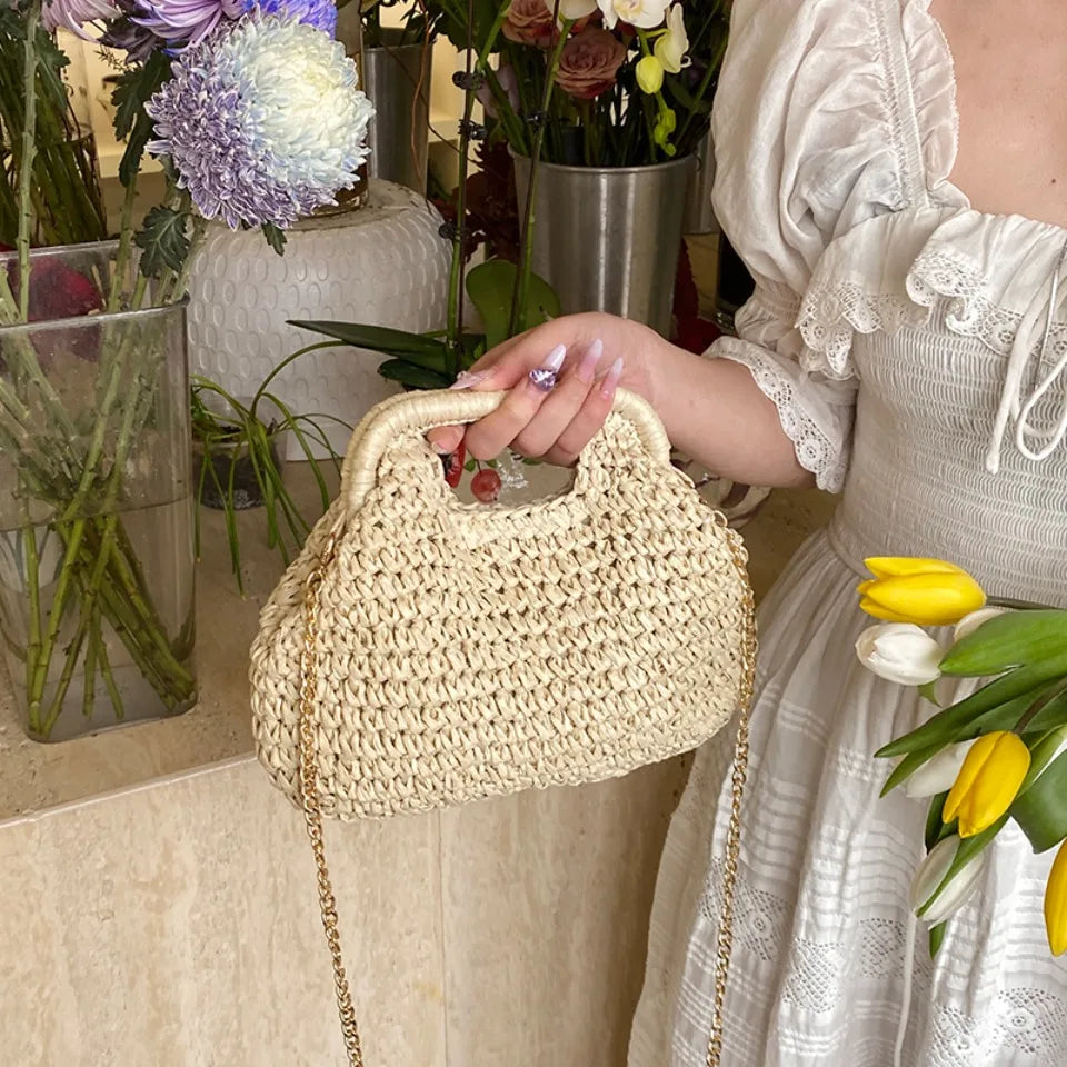 Retro Woven Clutch Bags for Women 2025 Straw Shell Chain Handbag Messenger Bag Ladies Holiday Beach Eco-friendly Crossbody Bag