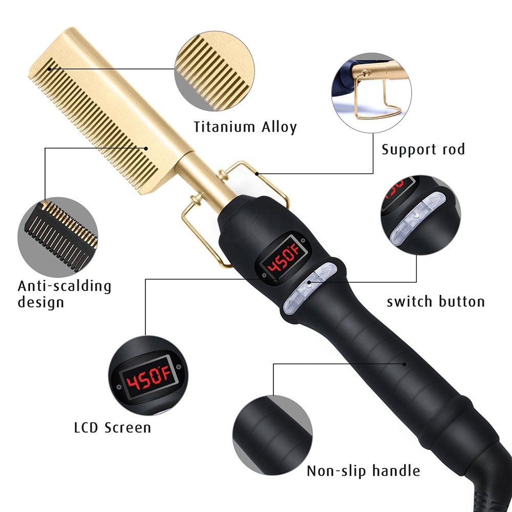 Hot Comb Straightener for Wigs and African Hair Flat Irons Fast Heating Straightening Brush Straight &amp; Curler Roller Styler Tool