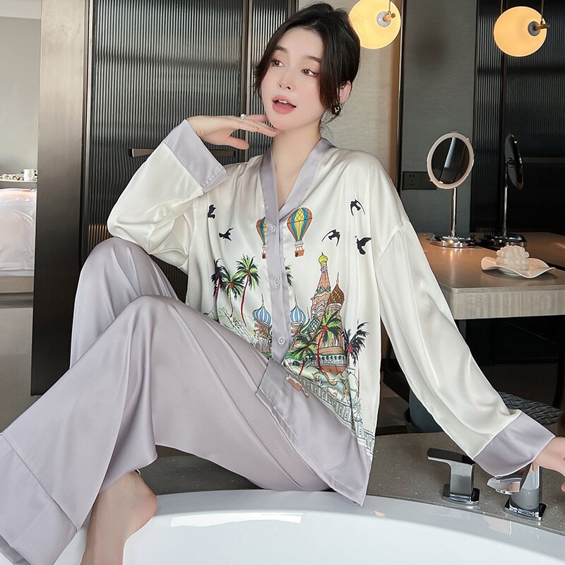 Lisacmvpnel 2022 New Spring Pajamas Women's Ice Silk Long Sleeve Suit Court Style Ice Silk Large Home Clothes