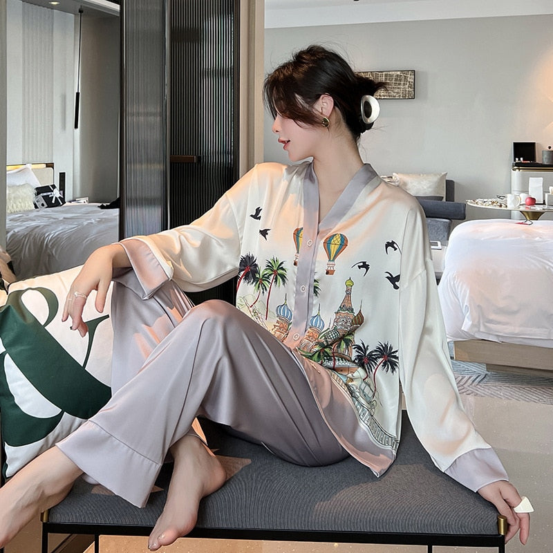 QSROCIO NEW Women's Pajamas Set Luxury Style Painting Print Sleepwear Satin Silky Touch Homewear V Neck Nightie Casual Home Suit