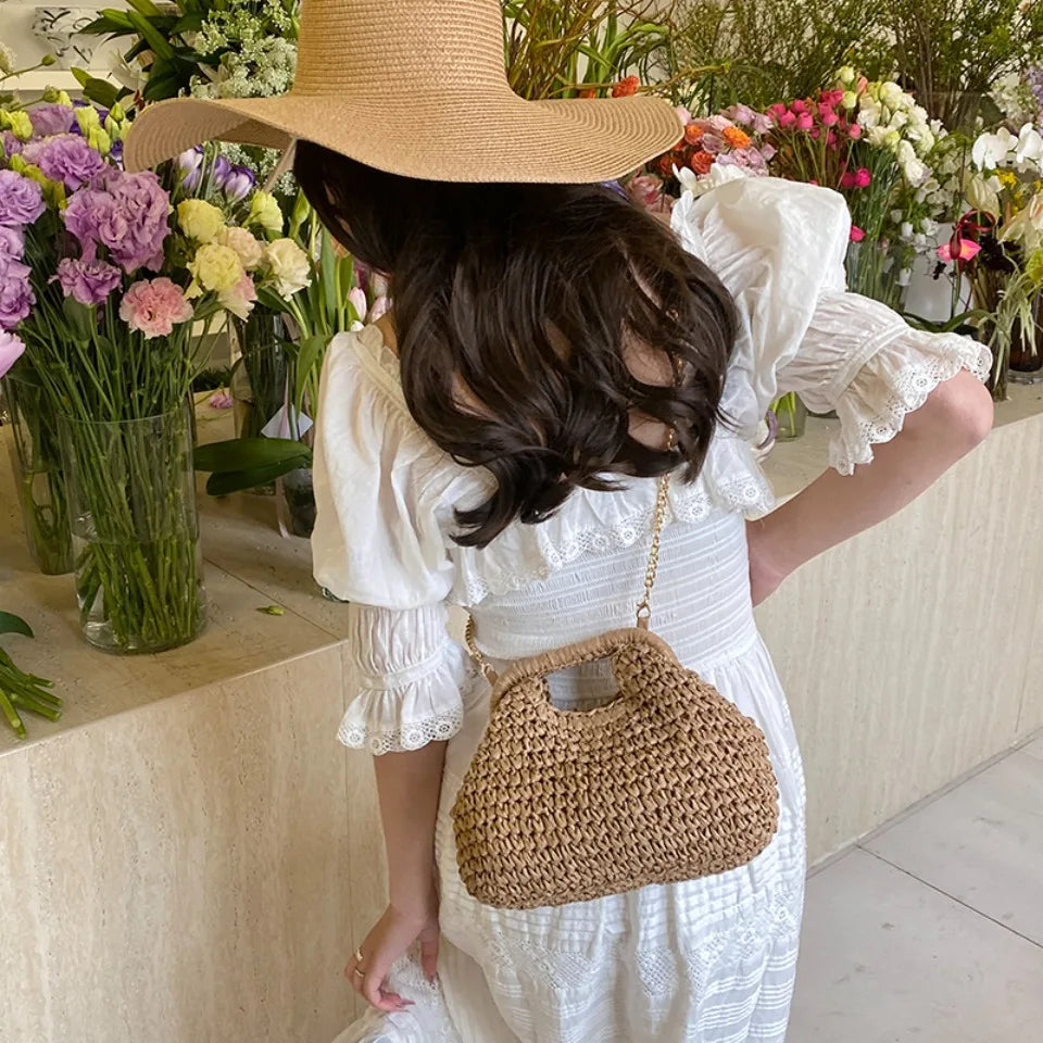 Retro Woven Clutch Bags for Women 2025 Straw Shell Chain Handbag Messenger Bag Ladies Holiday Beach Eco-friendly Crossbody Bag