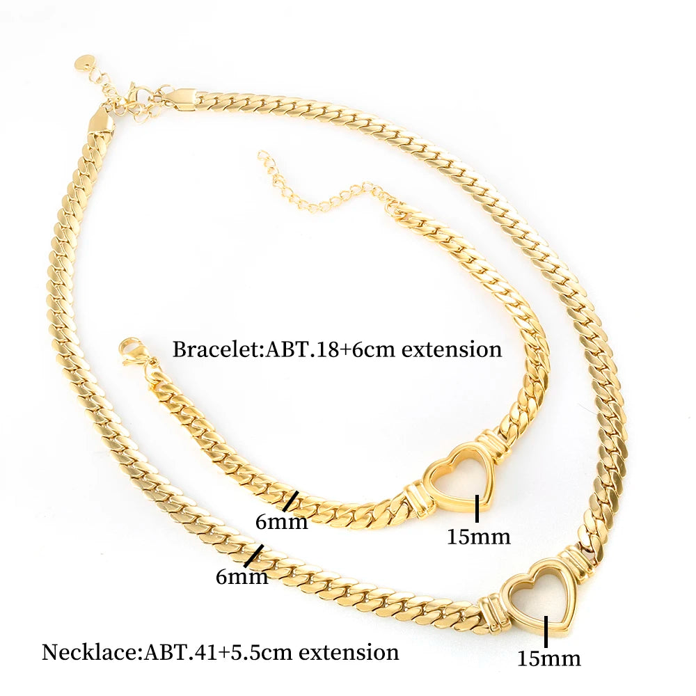 ZMFashion Gold-Plated Waterproof Stainless Steel Jewelry Set Luxury Love Heart Shape Chain Necklace Nail Bracelet Set for Women
