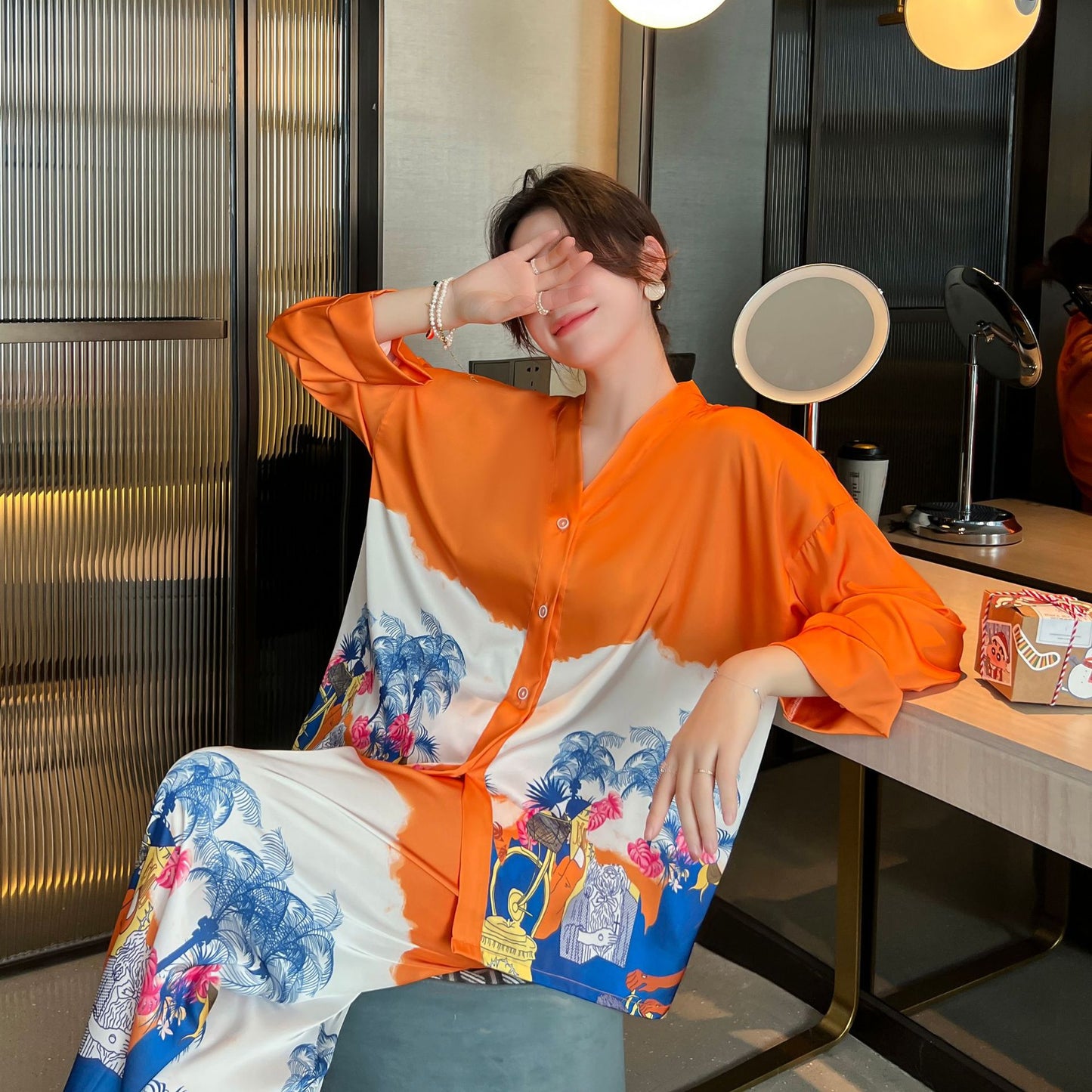 QSROCIO NEW Women's Pajamas Set Luxury Style Painting Print Sleepwear Satin Silky Touch Homewear V Neck Nightie Casual Home Suit