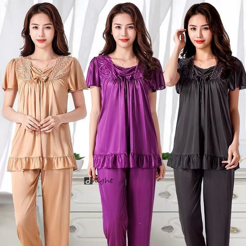 Women Home Clothing Big Nightshirt Shorts Summer Satin Silk Trousers Suit Women Middle-aged Lace Large 5XL Pajamas Bedroom Set