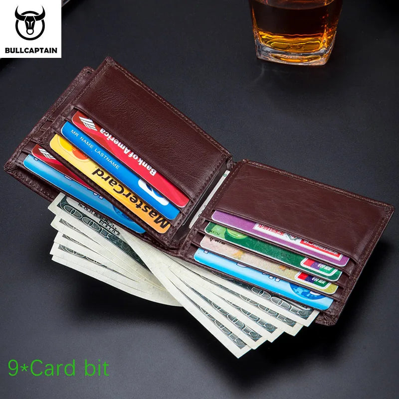 BULLCAPTAIN Men's Leather Wallet New Genuine Leather RFID Card Holder Man Wallet Fashion Small Logo Horizontal Photo Frame Clip
