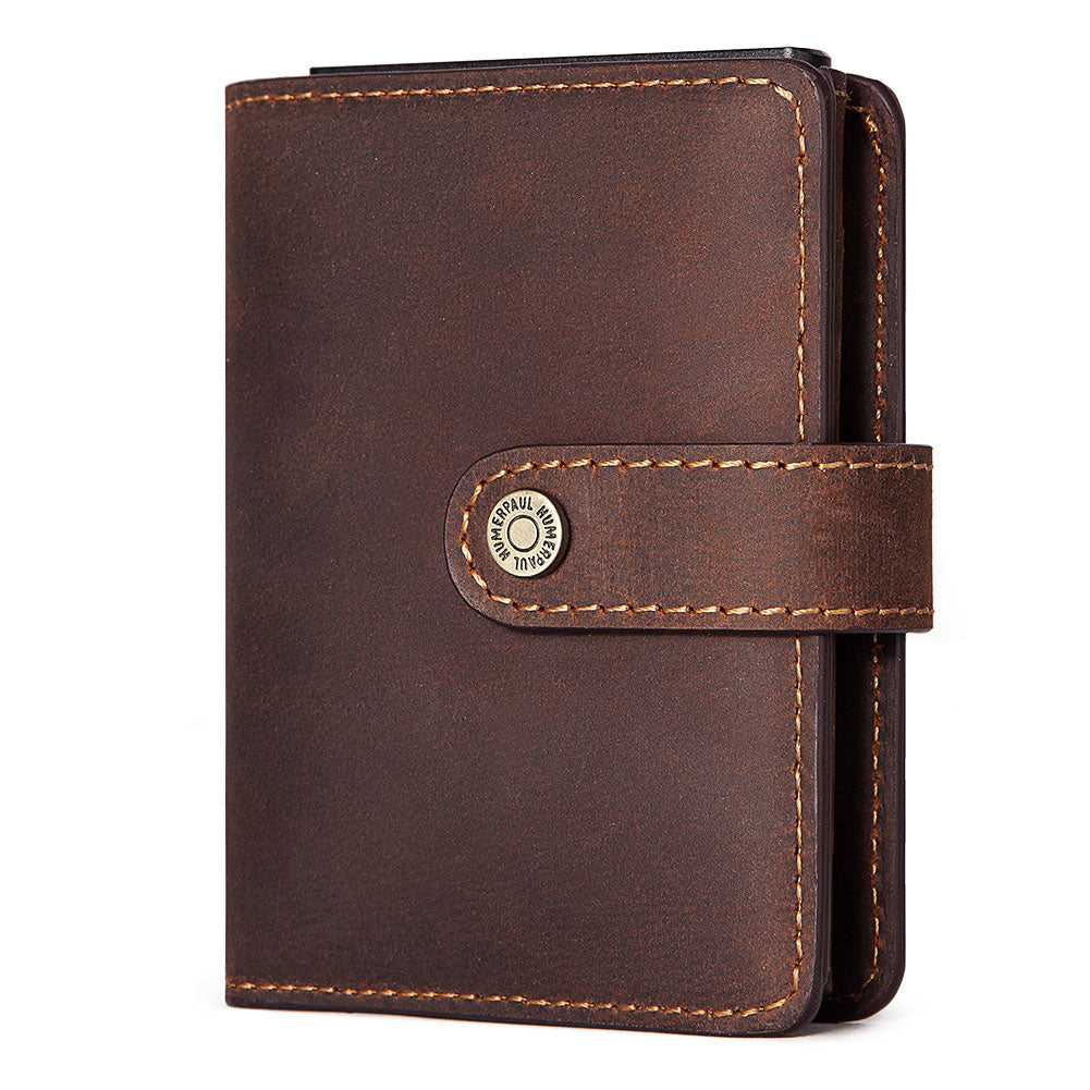 HUMERPAUL Crazy Horse Leather Mens Wallet with RFID Blocking Card Holder Mini Metal Pop Up Wallets Zipper Coin Pocket for Male