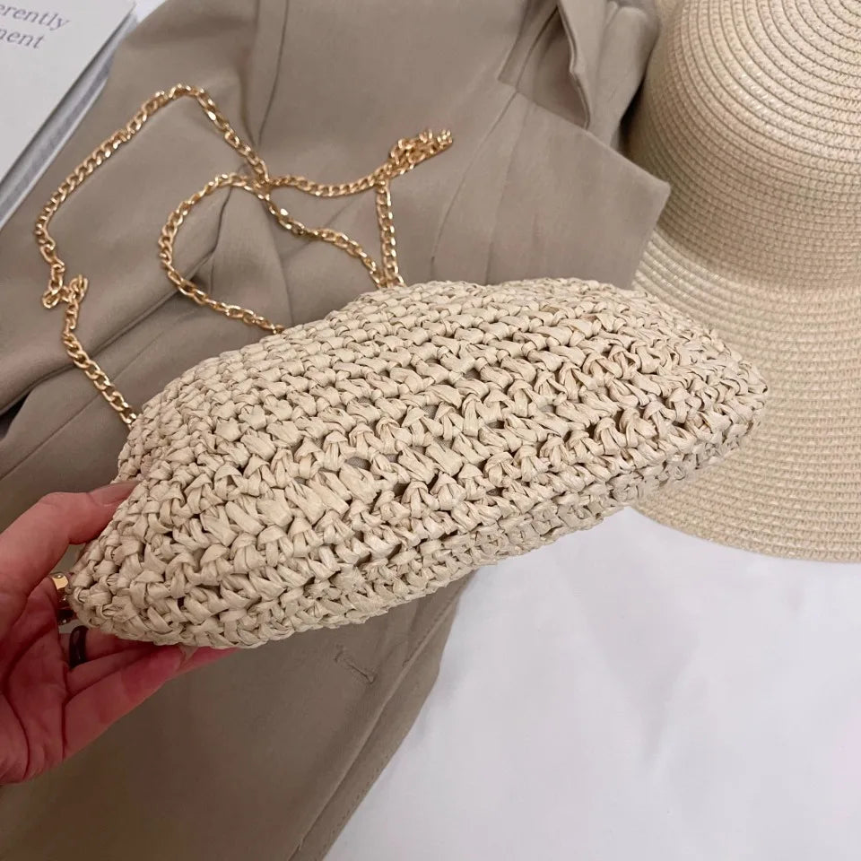 Retro Woven Clutch Bags for Women 2025 Straw Shell Chain Handbag Messenger Bag Ladies Holiday Beach Eco-friendly Crossbody Bag