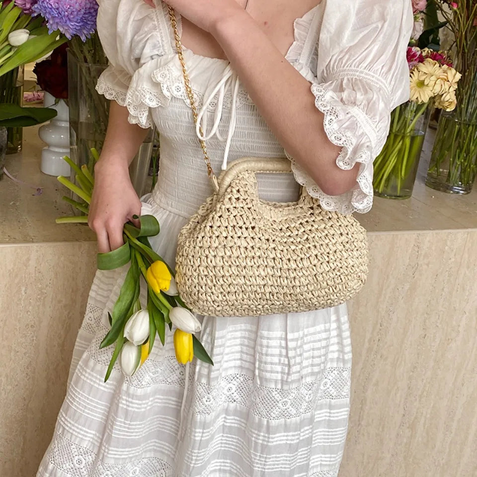 Retro Woven Clutch Bags for Women 2025 Straw Shell Chain Handbag Messenger Bag Ladies Holiday Beach Eco-friendly Crossbody Bag