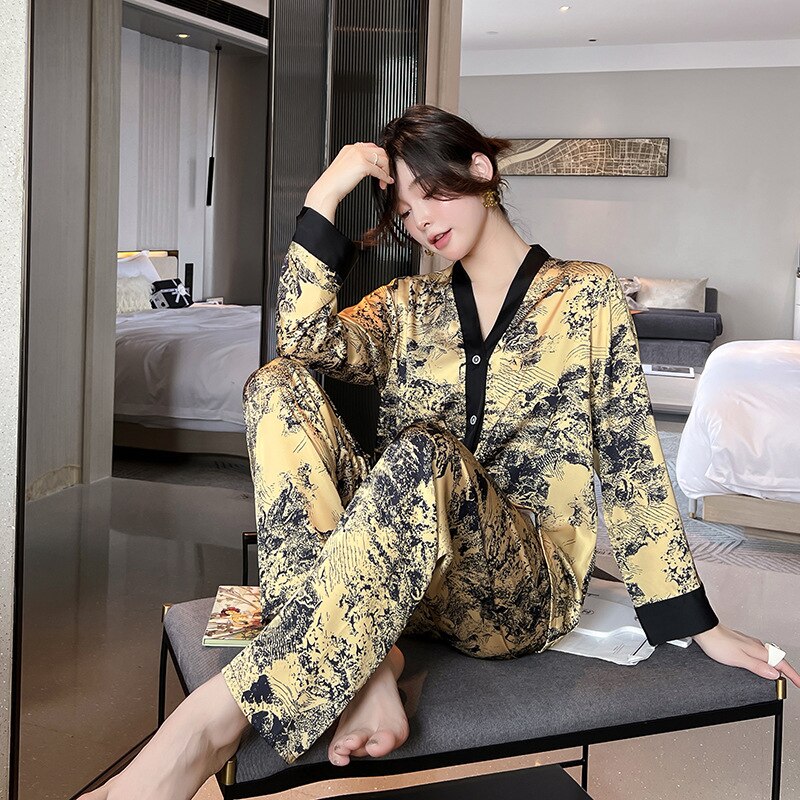 QSROCIO NEW Women's Pajamas Set Luxury Style Painting Print Sleepwear Satin Silky Touch Homewear V Neck Nightie Casual Home Suit