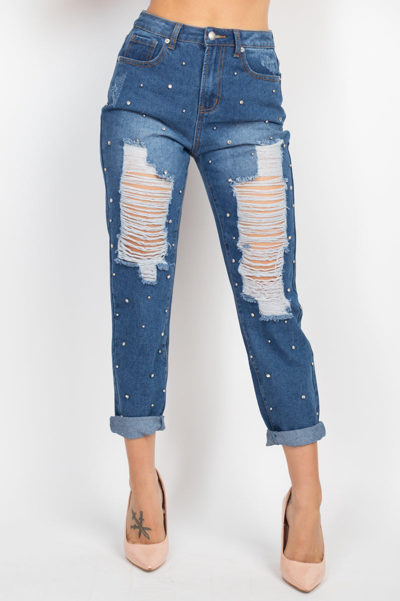 Rhinestones Ripped-front Denim Jeans - https://www.luxenorstore.com