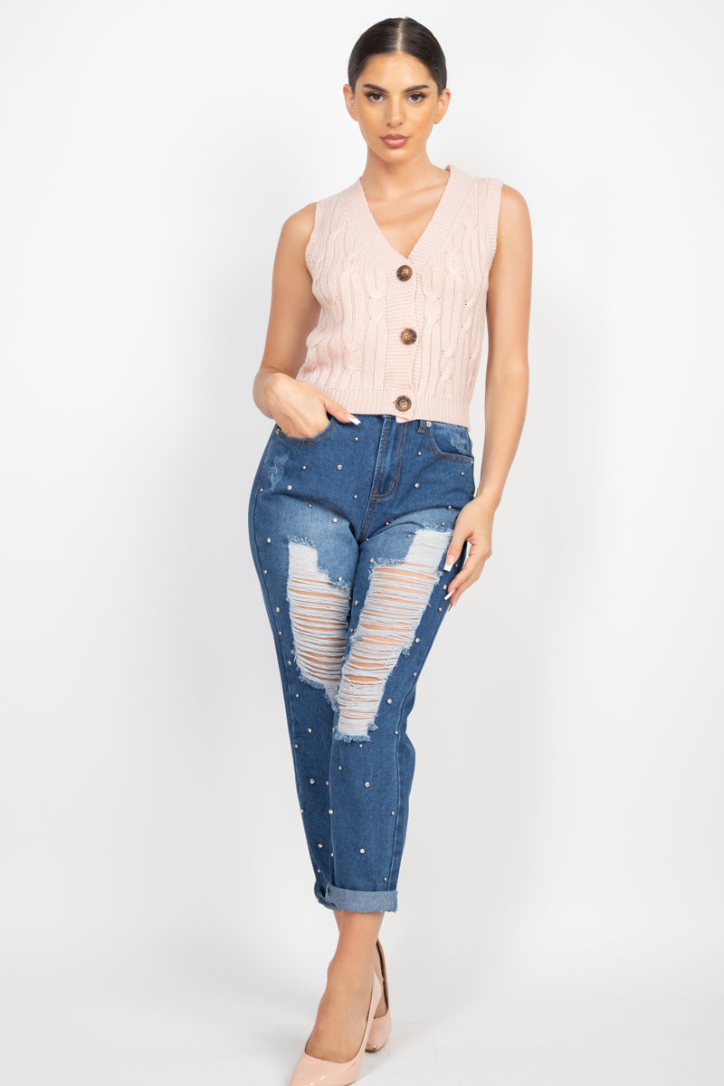 Rhinestones Ripped-front Denim Jeans - https://www.luxenorstore.com