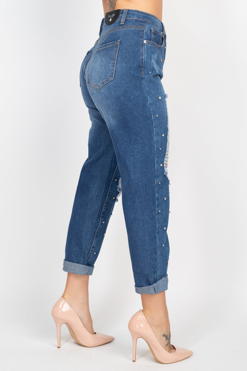 Rhinestones Ripped-front Denim Jeans - https://www.luxenorstore.com