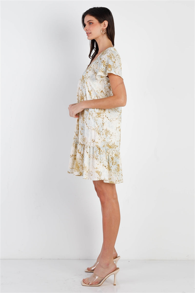 Olive & Taupe Color Paint Print Ruffle Hem Button Up Detail Mini Dress - https://www.luxenorstore.com