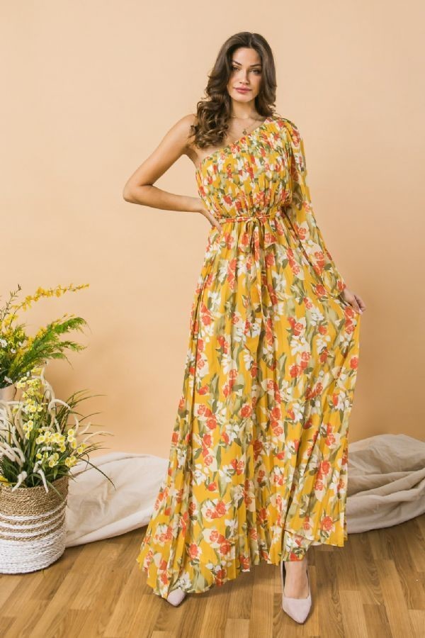 A Printed Woven One Shoulder Maxi Dress - https://www.luxenorstore.com