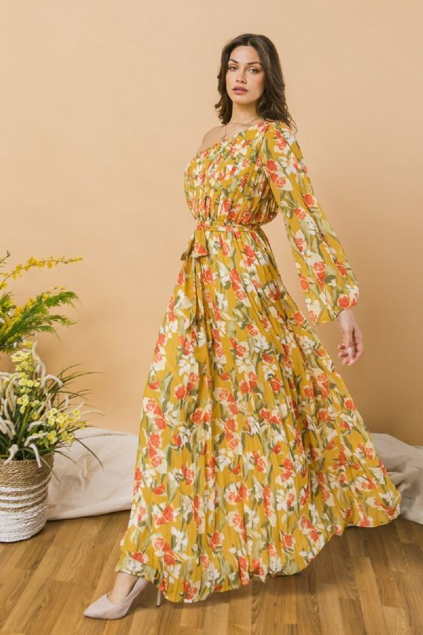 A Printed Woven One Shoulder Maxi Dress - https://www.luxenorstore.com