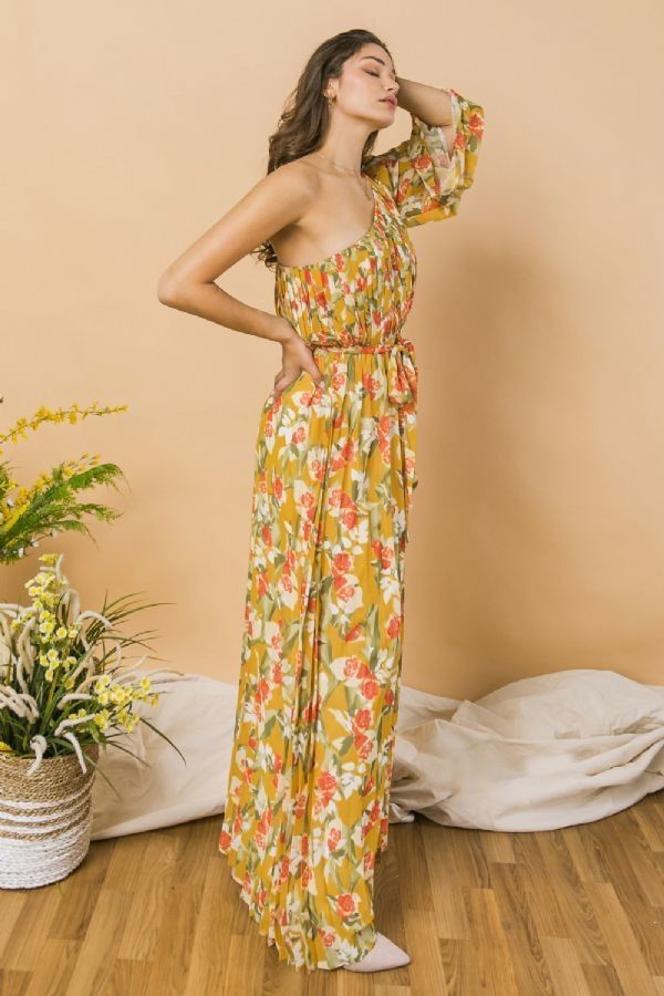 A Printed Woven One Shoulder Maxi Dress - https://www.luxenorstore.com